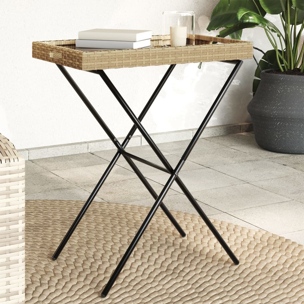 Folding Tray Table Beige 65x40x75 cm Poly Rattan