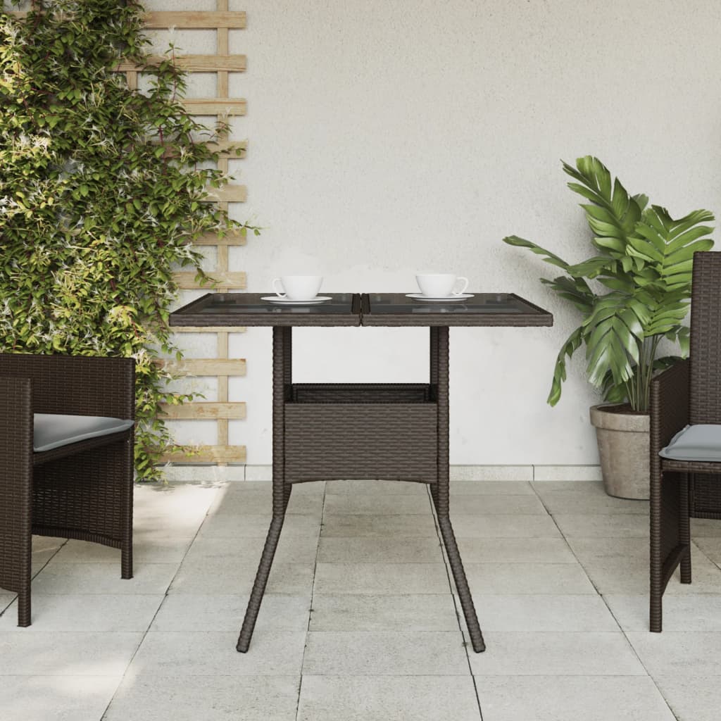 Garden Table with Glass Top Brown 80x80x75 cm Poly Rattan