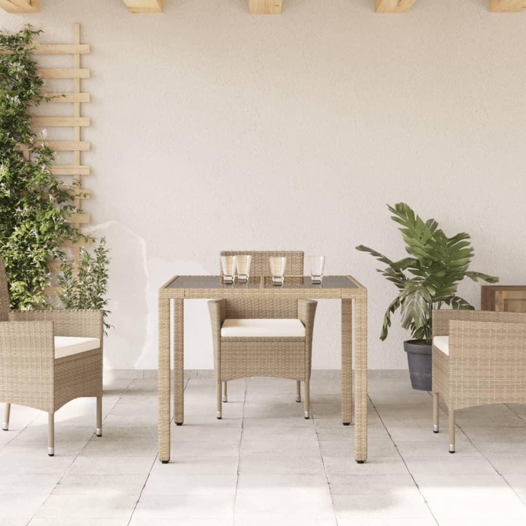 Garden Table with Glass Top Beige 90x90x75 cm Poly Rattan