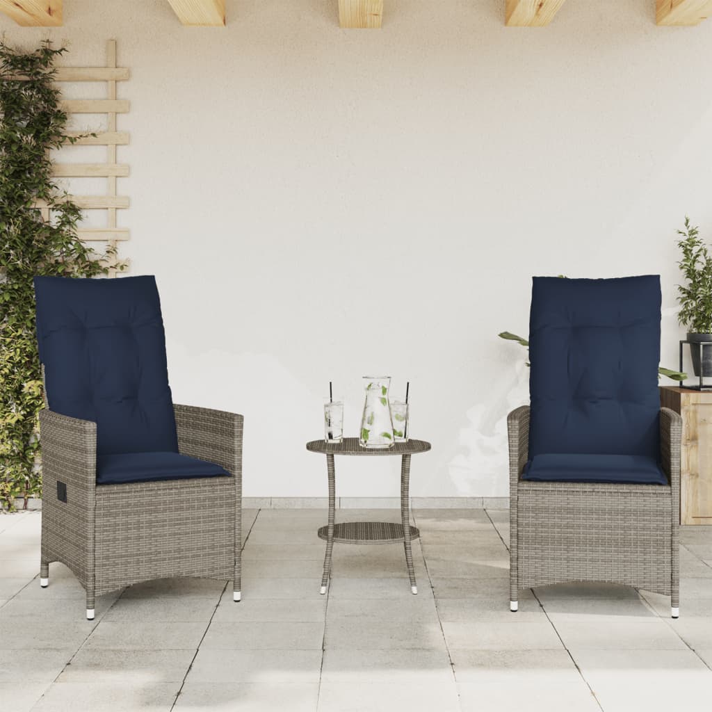 3 Piece Bistro Set with Cushions Grey Poly Rattan