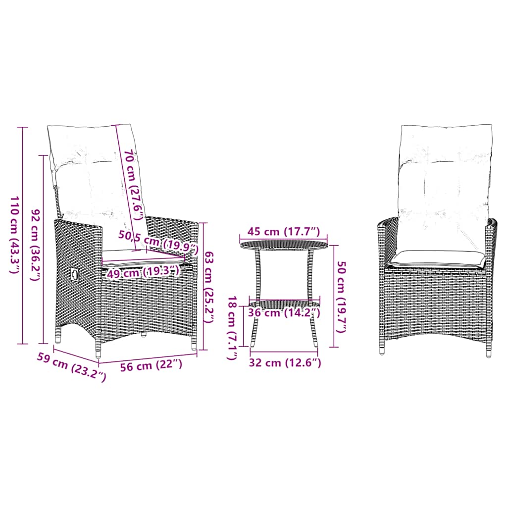 3 Piece Bistro Set with Cushions Grey Poly Rattan