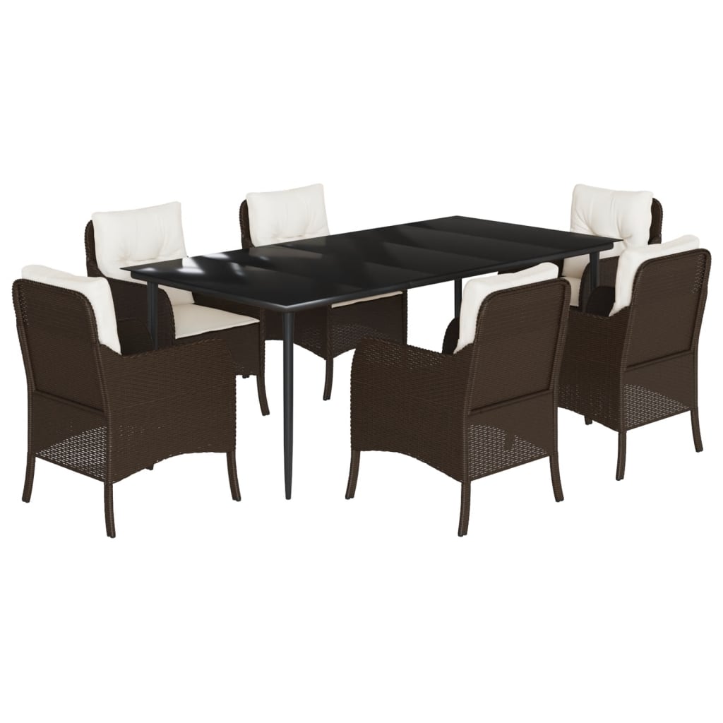 7 Piece Garden Dining Set with Cushions Brown Poly Rattan