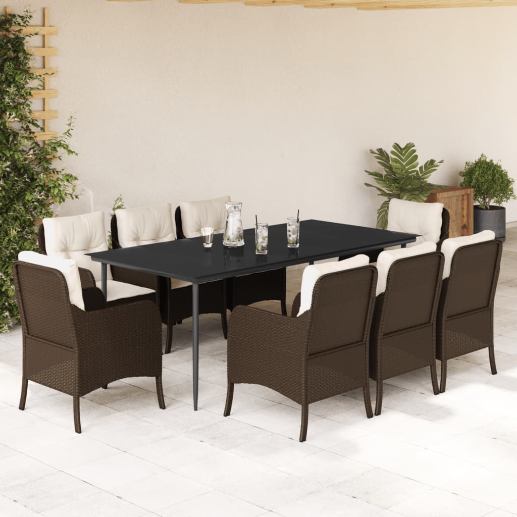 9 Piece Garden Dining Set with Cushions Brown Poly Rattan