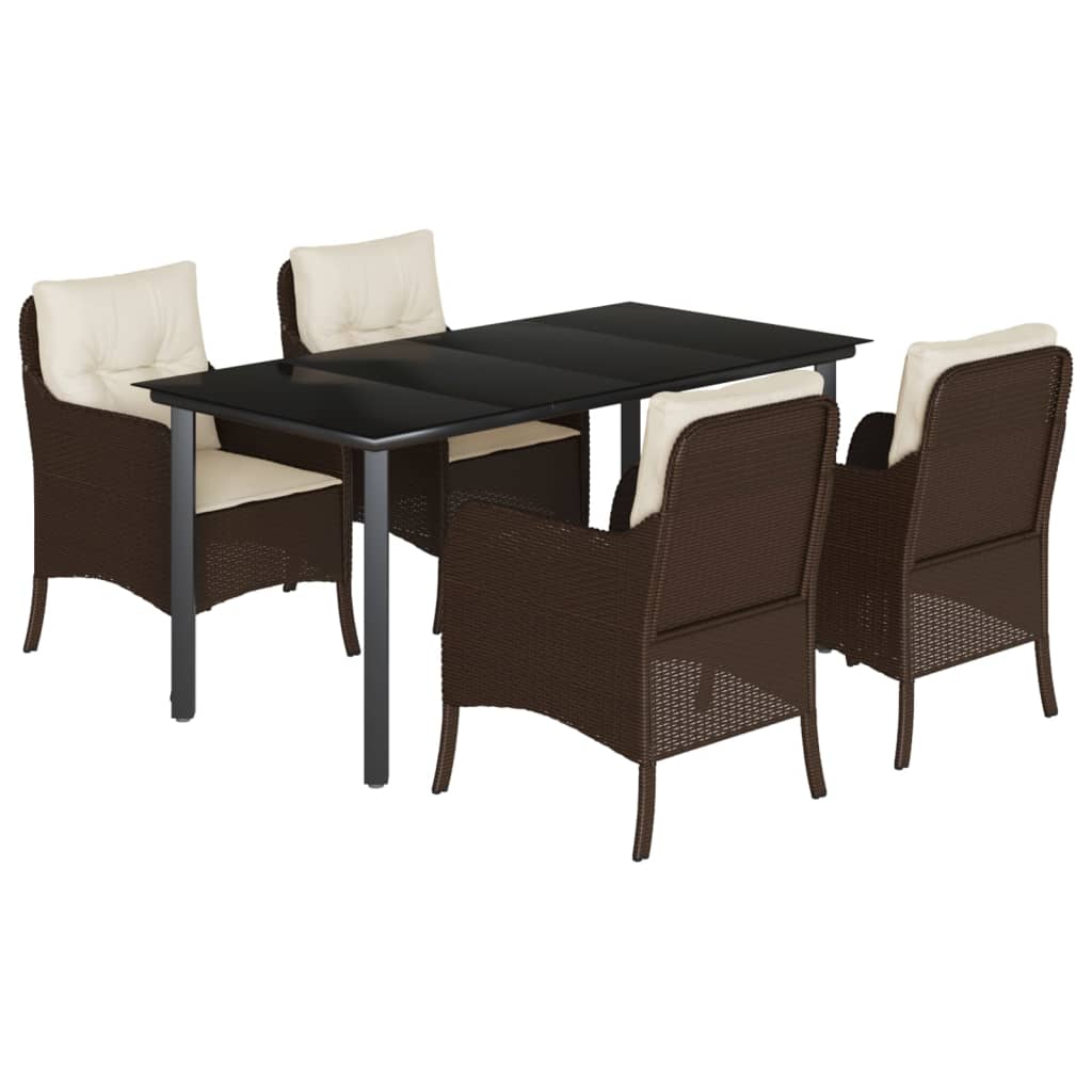 5 Piece Garden Dining Set with Cushions Brown Poly Rattan