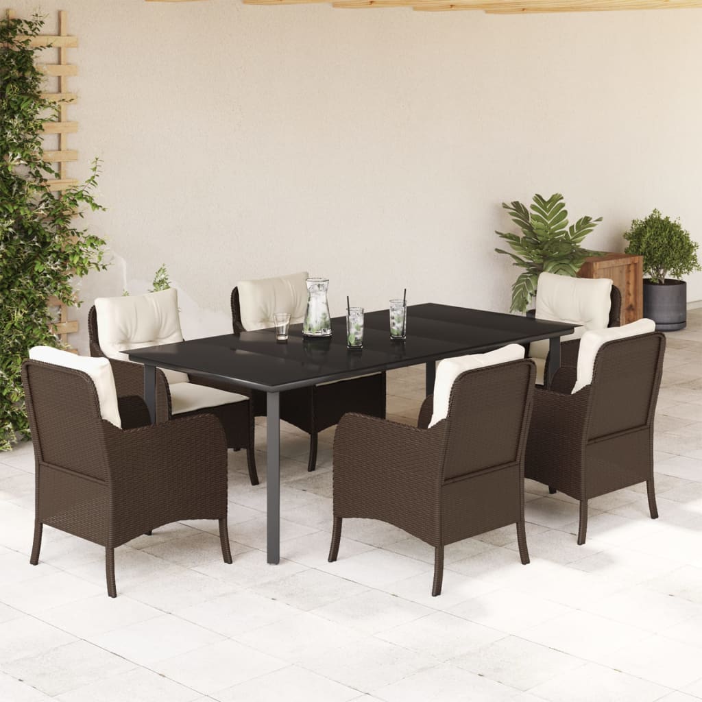 7 Piece Garden Dining Set with Cushions Brown Poly Rattan