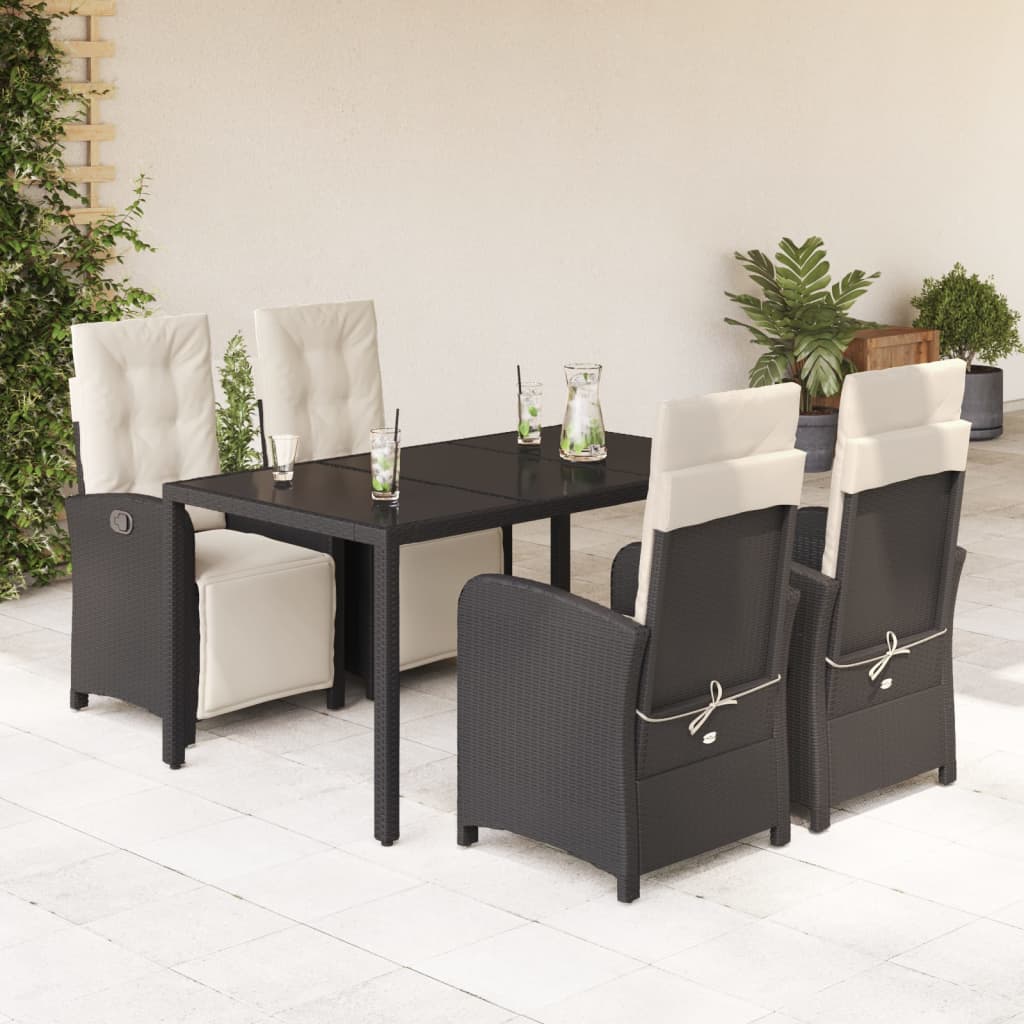 5 Piece Garden Dining Set with Cushions Black Poly Rattan