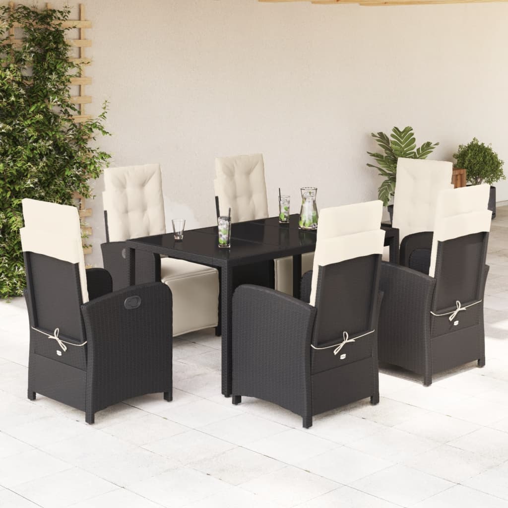 7 Piece Garden Dining Set with Cushions Black Poly Rattan