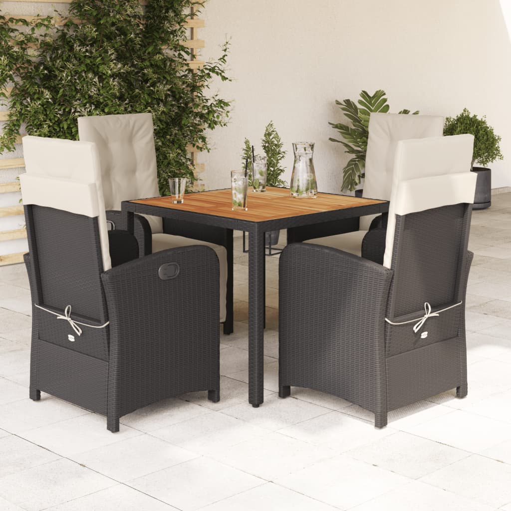 5 Piece Garden Dining Set with Cushions Black Poly Rattan