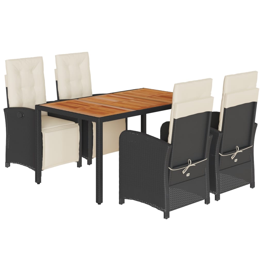 5 Piece Garden Dining Set with Cushions Black Poly Rattan