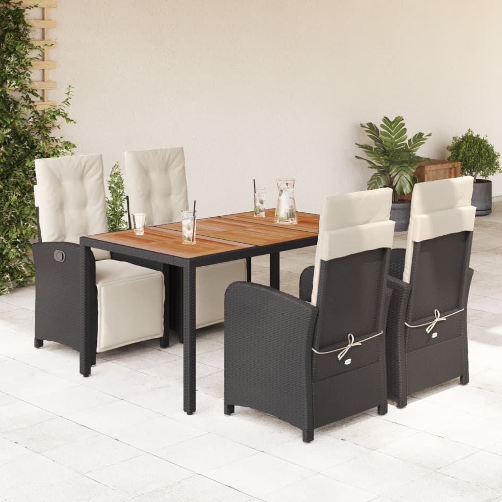 5 Piece Garden Dining Set with Cushions Black Poly Rattan