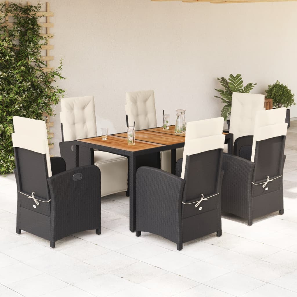 7 Piece Garden Dining Set with Cushions Black Poly Rattan