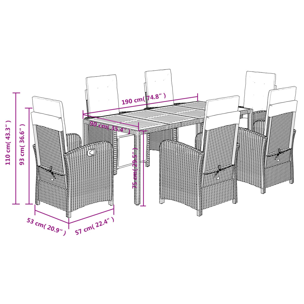 7 Piece Garden Dining Set with Cushions Black Poly Rattan