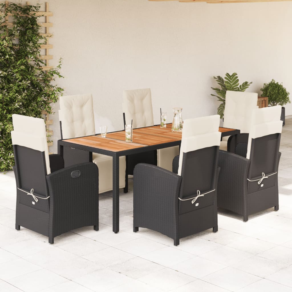 7 Piece Garden Dining Set with Cushions Black Poly Rattan