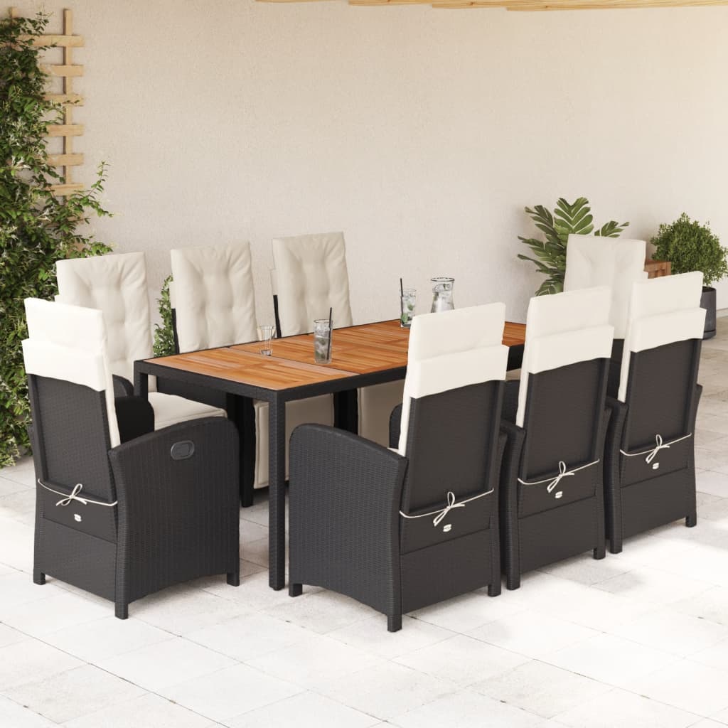 9 Piece Garden Dining Set with Cushions Black Poly Rattan