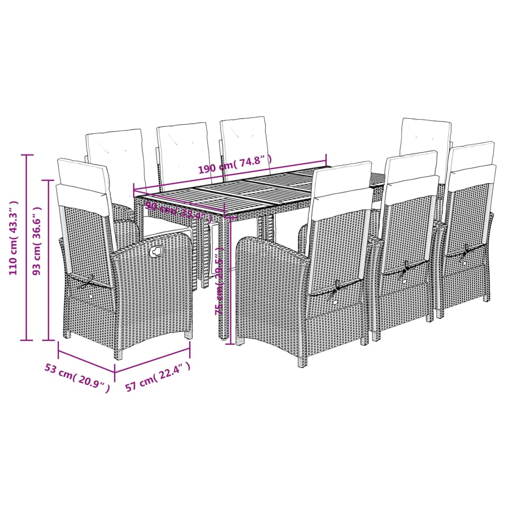 9 Piece Garden Dining Set with Cushions Grey Poly Rattan