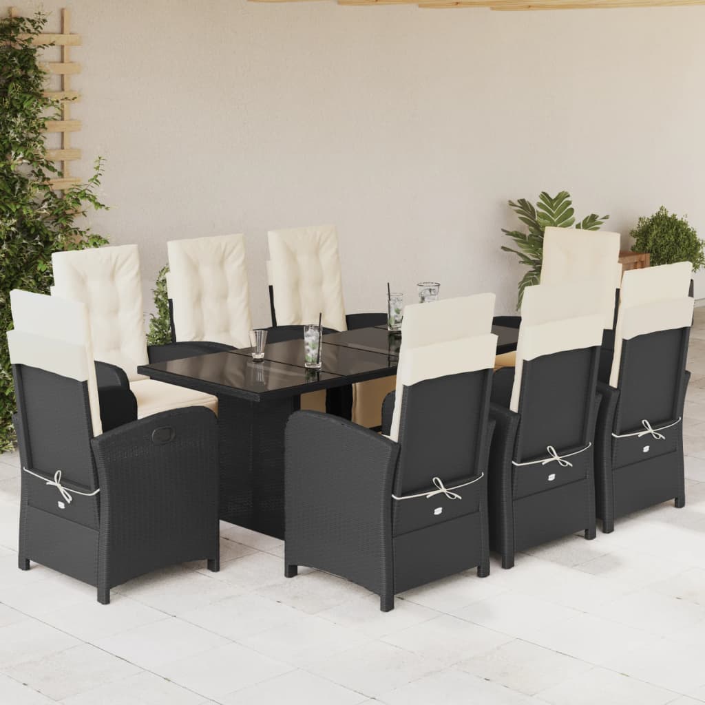 9 Piece Garden Dining Set with Cushions Black Poly Rattan