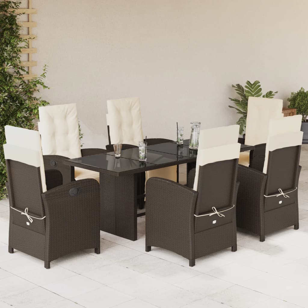 7 Piece Garden Dining Set with Cushions Brown Poly Rattan