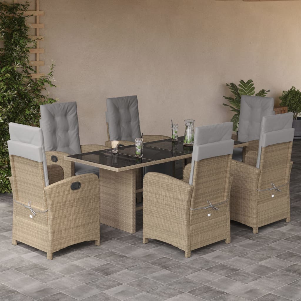 7 Piece Garden Dining Set with Cushions Beige Poly Rattan