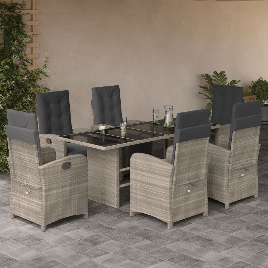 7 Piece Garden Dining Set with Cushions Light Grey Poly Rattan
