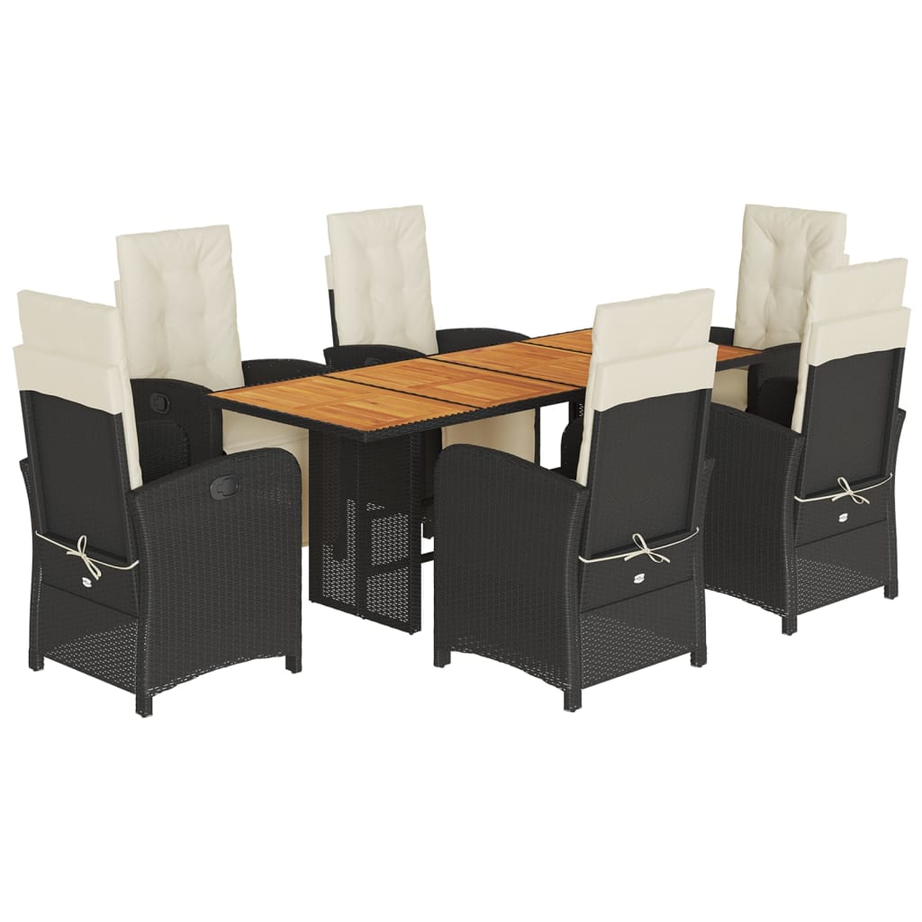 7 Piece Garden Dining Set with Cushions Black Poly Rattan