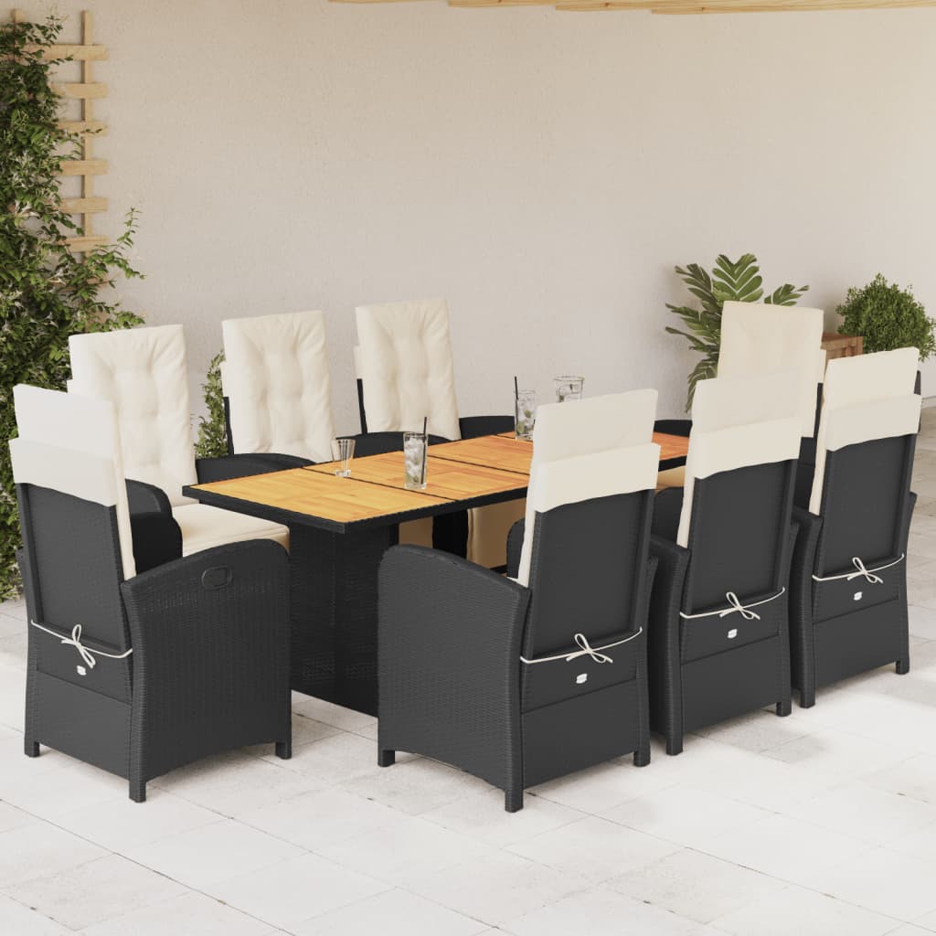 9 Piece Garden Dining Set with Cushions Black Poly Rattan