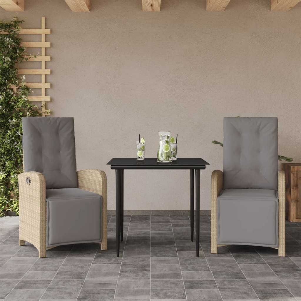 3 Piece Bistro Set with Cushions Beige Poly Rattan