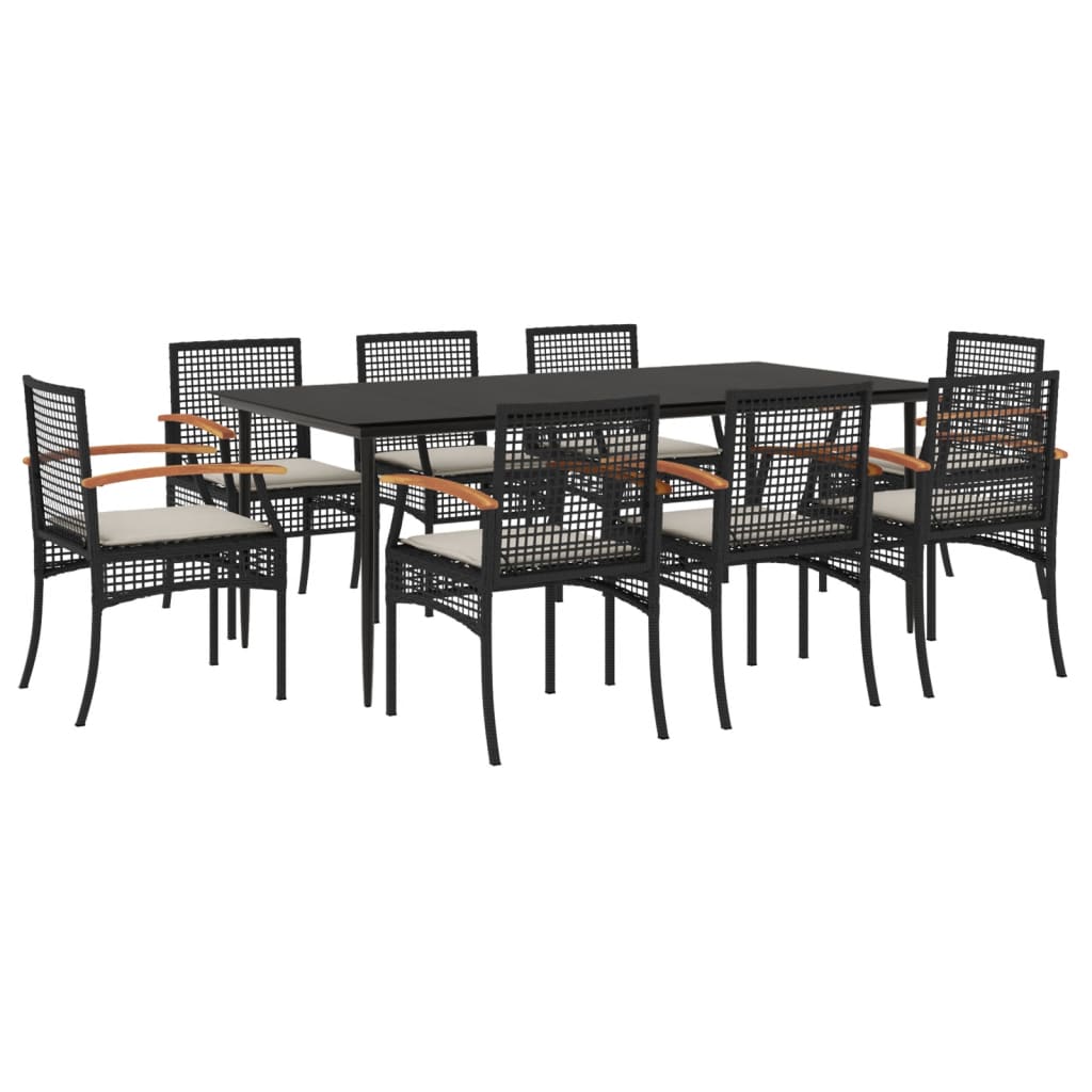 9 Piece Garden Dining Set with Cushions Black Poly Rattan