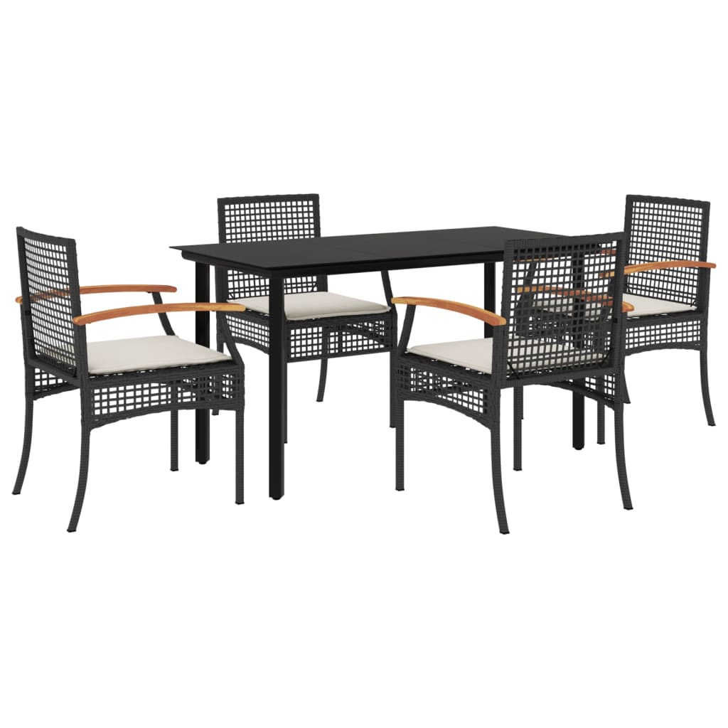 5 Piece Garden Dining Set with Cushions Black Poly Rattan