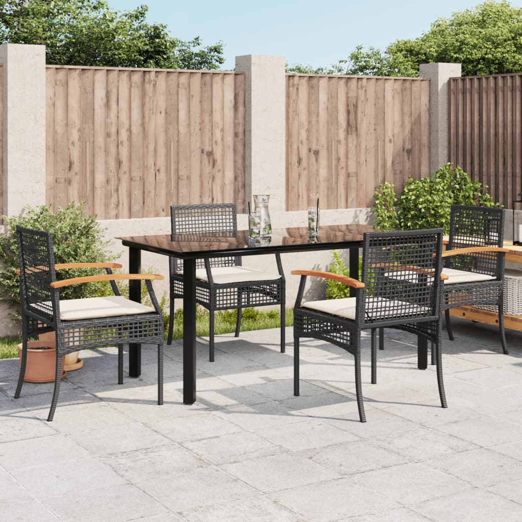 5 Piece Garden Dining Set with Cushions Black Poly Rattan
