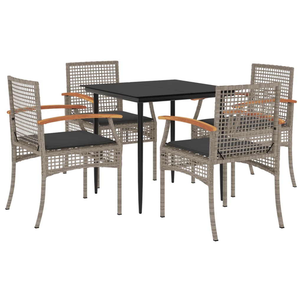 5 Piece Garden Dining Set with Cushions Grey Poly Rattan