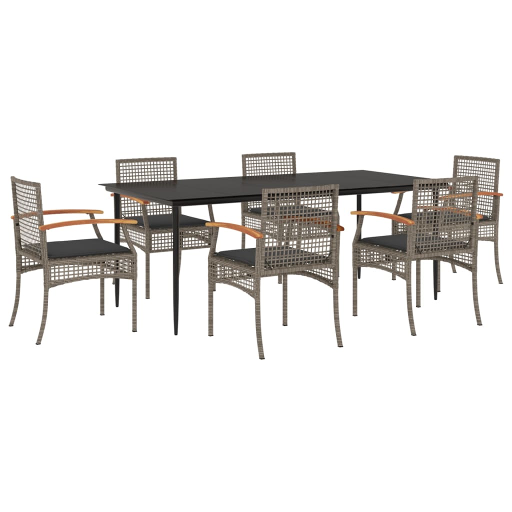 7 Piece Garden Dining Set with Cushions Grey Poly Rattan