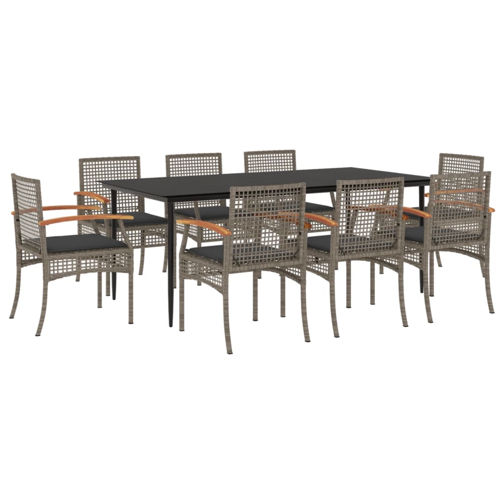 9 Piece Garden Dining Set with Cushions Grey Poly Rattan