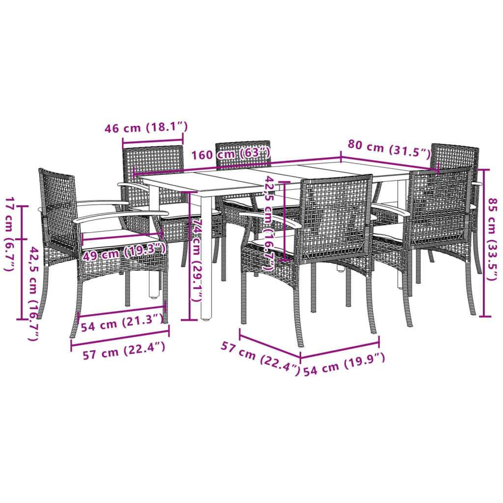 7 Piece Garden Dining Set with Cushions Grey Poly Rattan