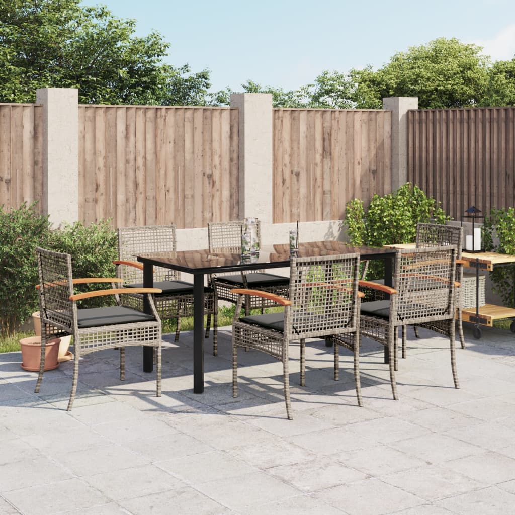 7 Piece Garden Dining Set with Cushions Grey Poly Rattan