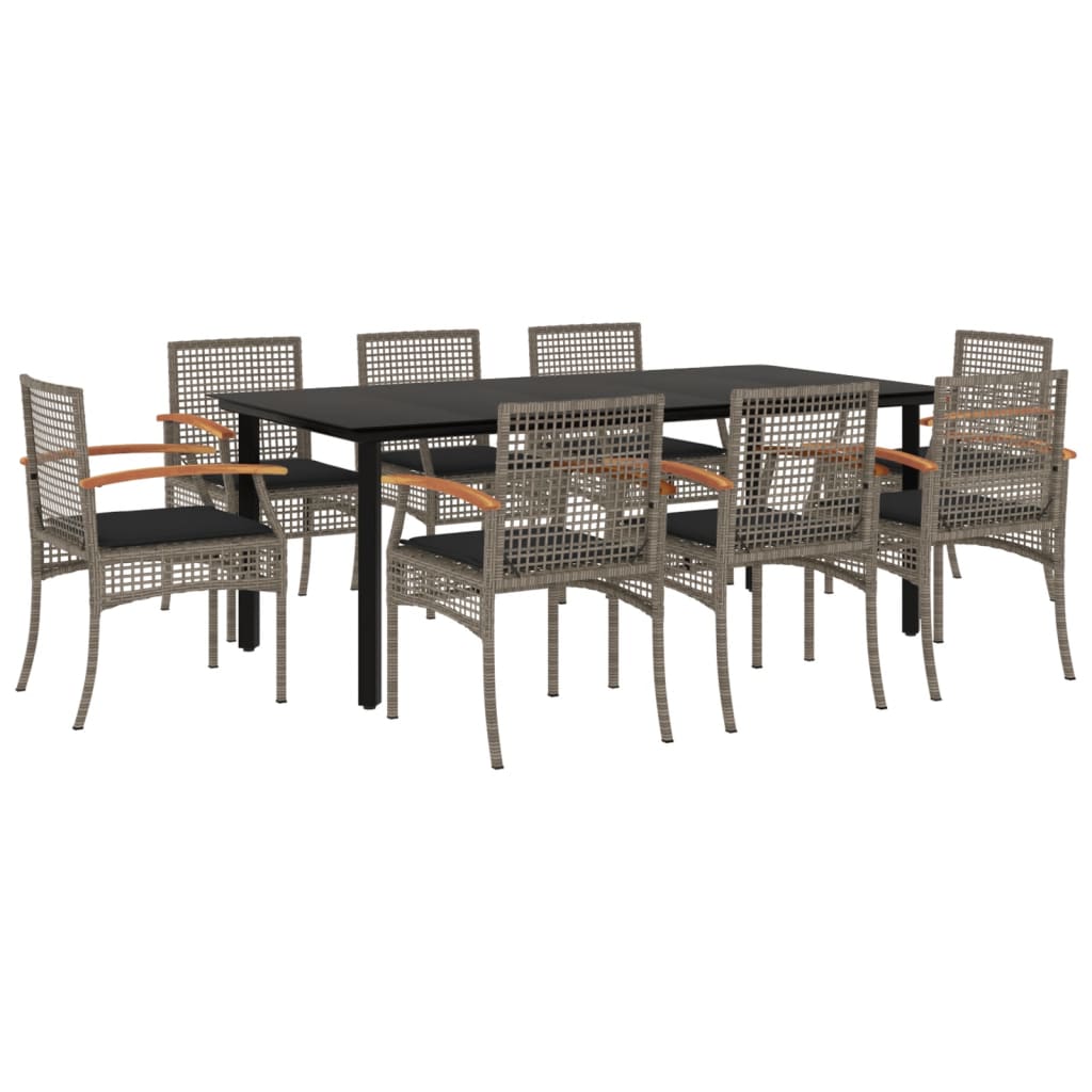 9 Piece Garden Dining Set with Cushions Grey Poly Rattan