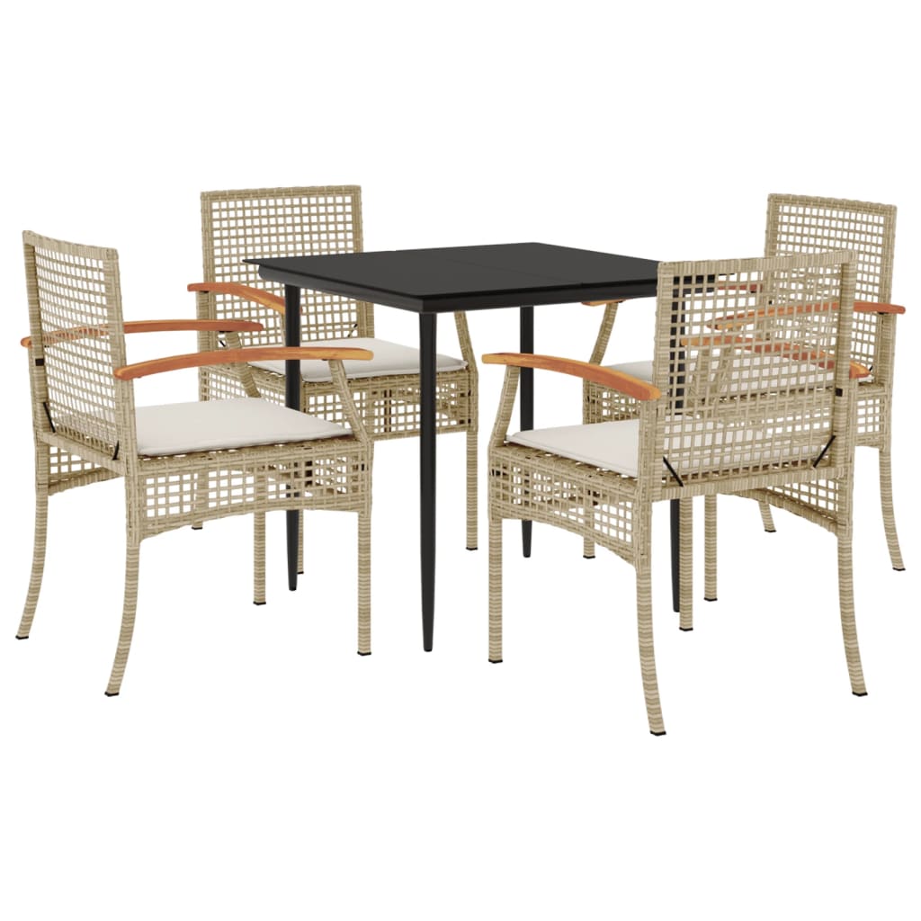 5 Piece Garden Dining Set with Cushions Beige Poly Rattan