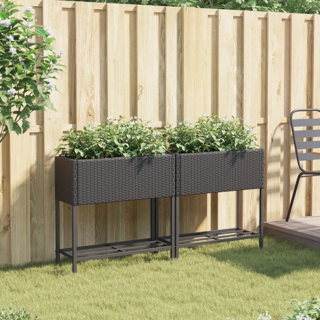 Garden Planters with Shelf 2 pcs Black 70x28x70 cm Poly Rattan