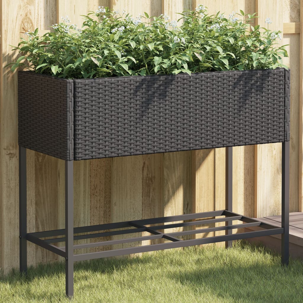 Garden Planter with Shelf Black Poly Rattan