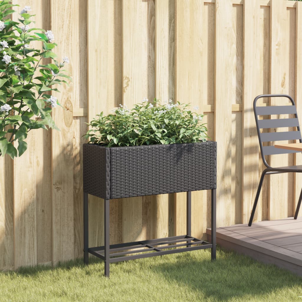 Garden Planter with Shelf Black Poly Rattan