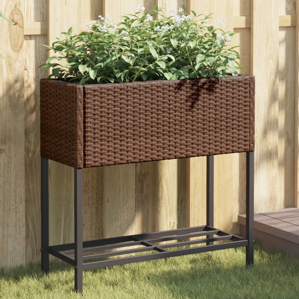 Garden Planter with Shelf Brown Poly Rattan