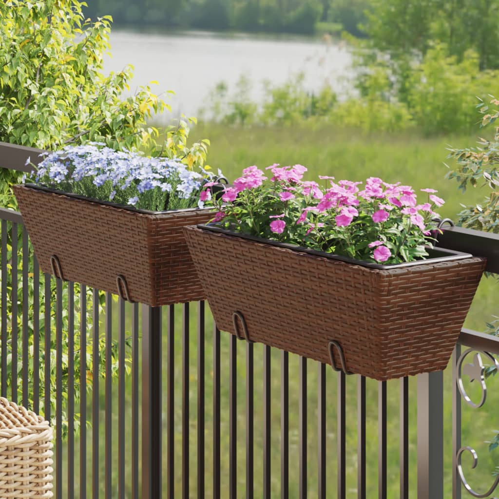 Planters with hooks 2 pcs Brown Poly Rattan