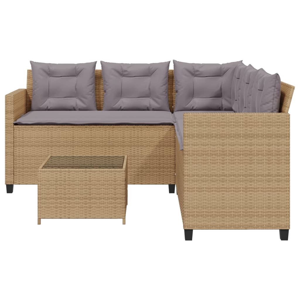 Garden Sofa with Table and Cushions L-Shaped Beige Poly Rattan