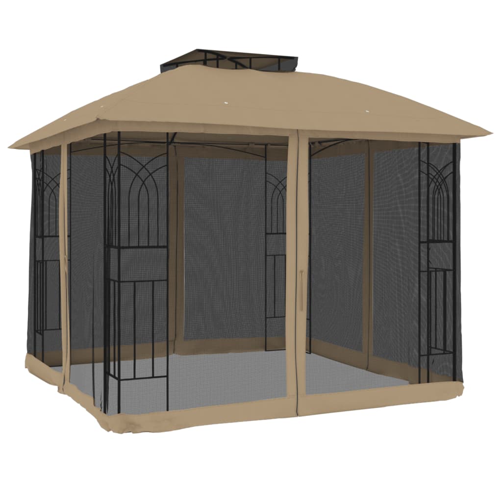 Gazebo with Double Roof and Mesh Walls Taupe 2.94x2.94 m Steel