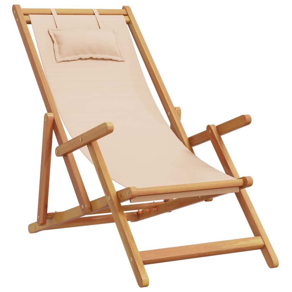 Folding Beach Chairs 2 pcs Beige Fabric and Solid Wood
