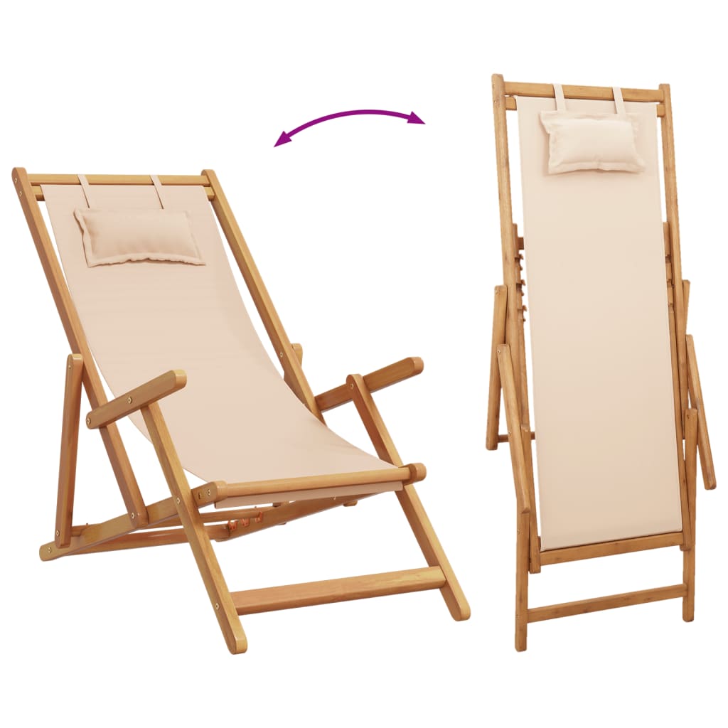Folding Beach Chairs 2 pcs Beige Fabric and Solid Wood