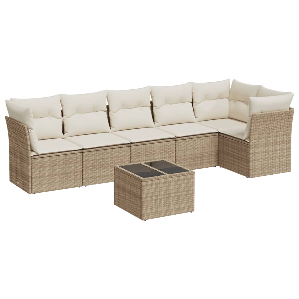 7 Piece Garden Sofa Set with Cushions Beige Poly Rattan