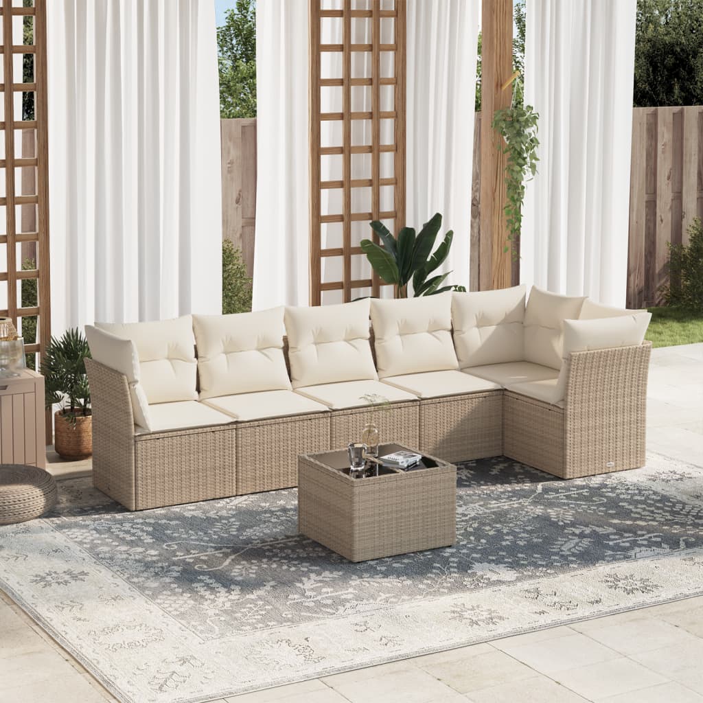7 Piece Garden Sofa Set with Cushions Beige Poly Rattan