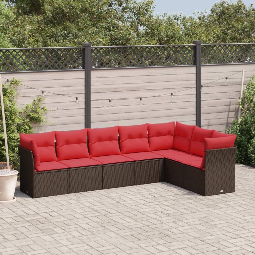 7 Piece Garden Sofa Set with Cushions Brown Poly Rattan