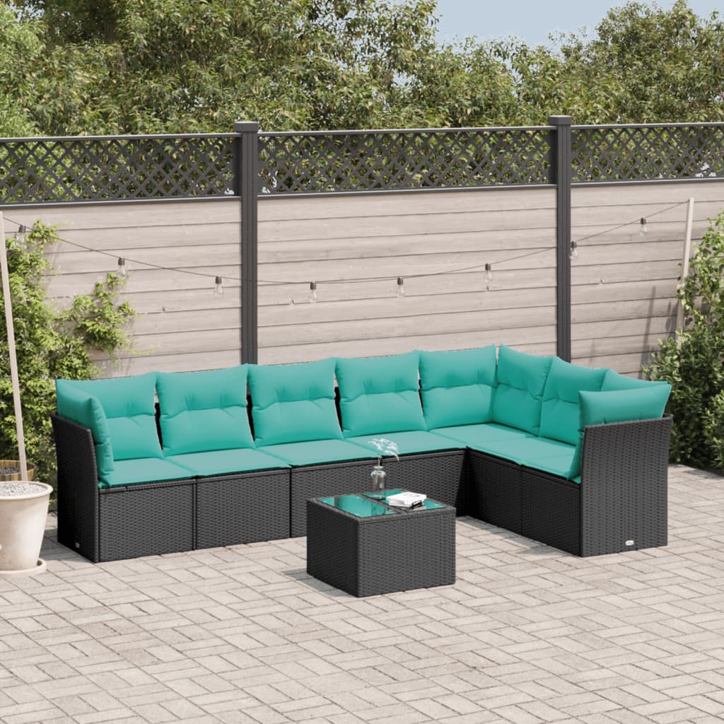 8 Piece Garden Sofa Set with Cushions Black Poly Rattan