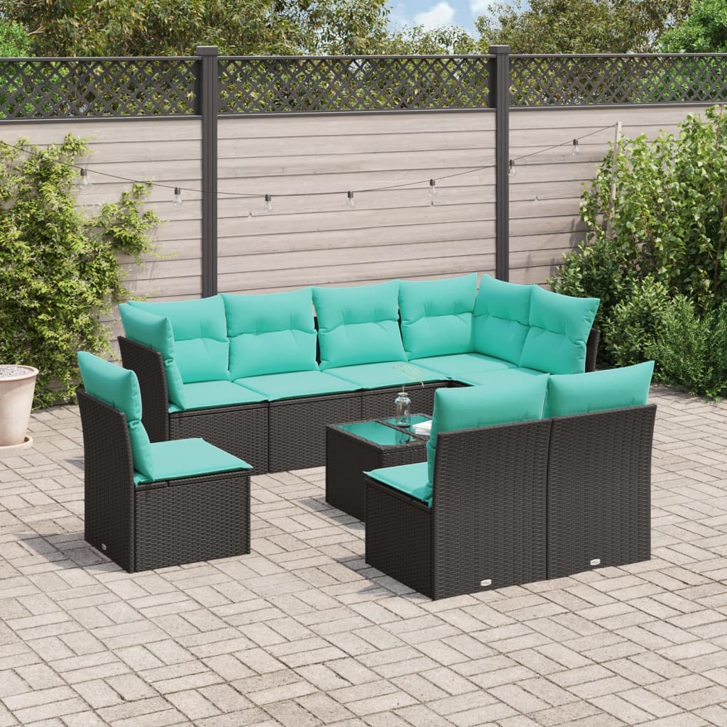 9 Piece Garden Sofa Set with Cushions Black Poly Rattan
